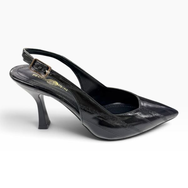 Siyah Rugan Desenli Sivri Burun Kadın Topuklu Ayakkabı – 8 cm İnce Topuk Slingback