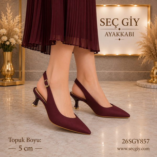 Bordo Slingback Kadın Topuklu Ayakkabı 5 cm