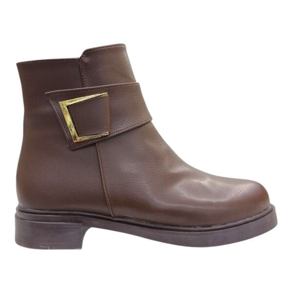 Kahverengi Gold Tokalı Alçak Topuklu Bilek Boy Bot, Yuvarlak Burun