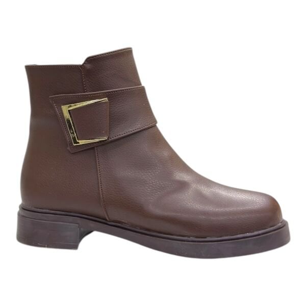 Kahverengi Gold Tokalı Alçak Topuklu Bilek Boy Bot, Yuvarlak Burun