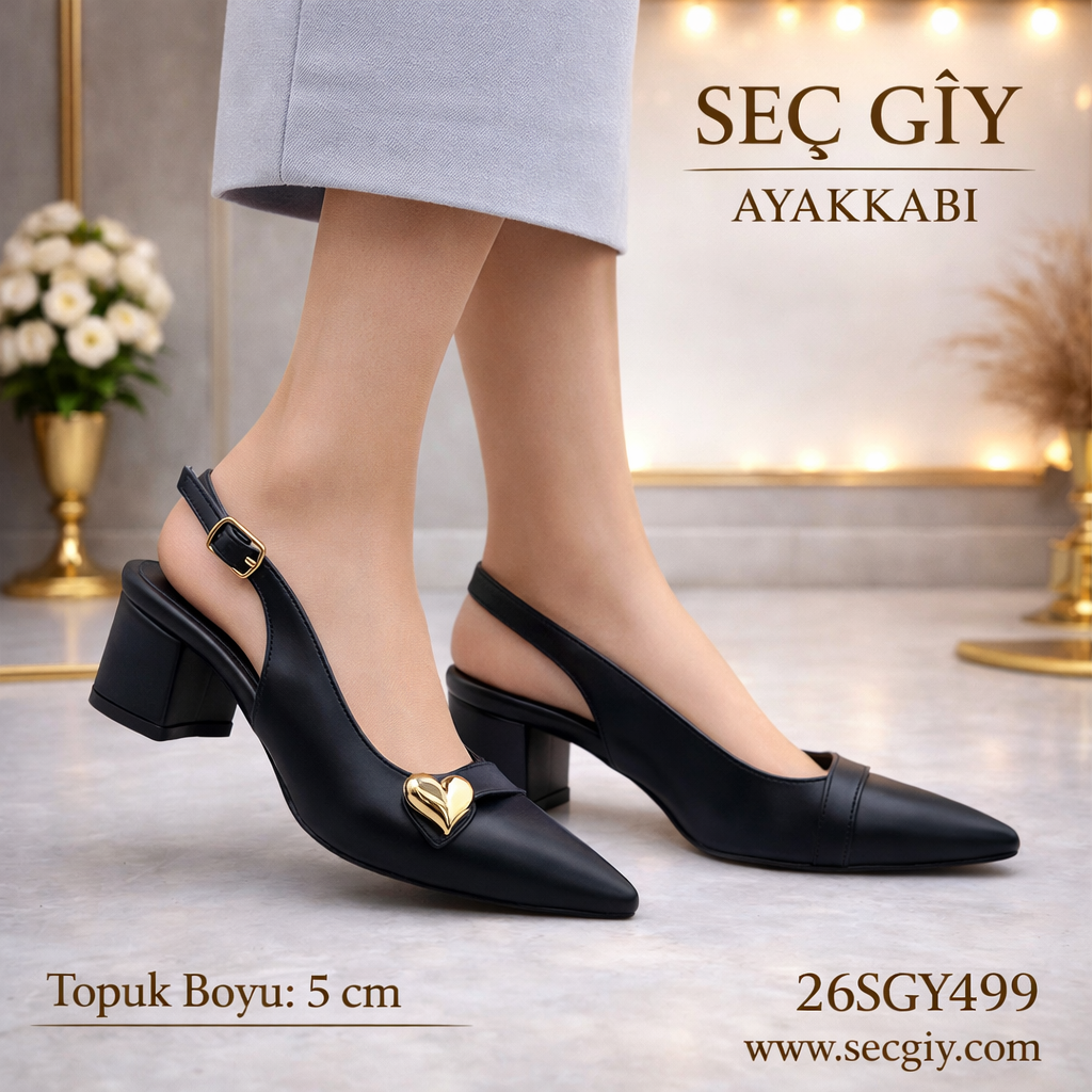 Siyah Kalp Aksesuarlı Sivri Burun 5 cm Kalın Topuklu Kadın Slingback Ayakkabı – Şık ve Zarif Model