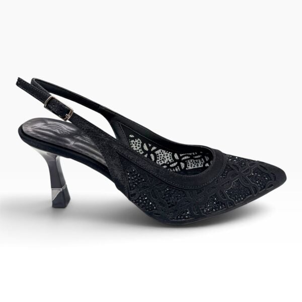 Siyah Taşlı Desenli Sivri Burun Kadın Topuklu Ayakkabı – 7 cm İnce Topuk Slingback