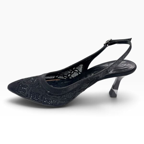 Siyah Taşlı Desenli Sivri Burun Kadın Topuklu Ayakkabı – 7 cm İnce Topuk Slingback