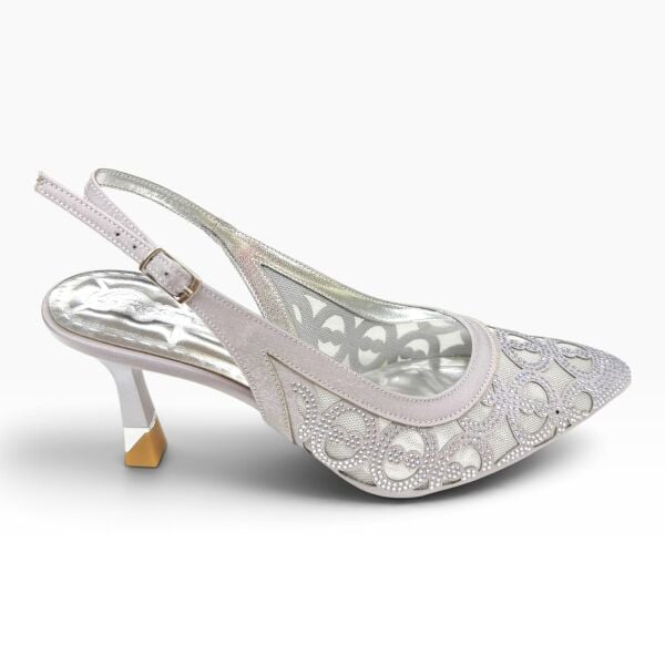 Gümüş Taşlı Desenli Sivri Burun Kadın Topuklu Ayakkabı – 7 cm İnce Topuk Slingback