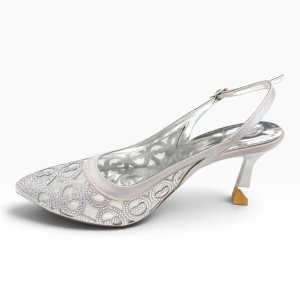 Gümüş Taşlı Desenli Sivri Burun Kadın Topuklu Ayakkabı – 7 cm İnce Topuk Slingback