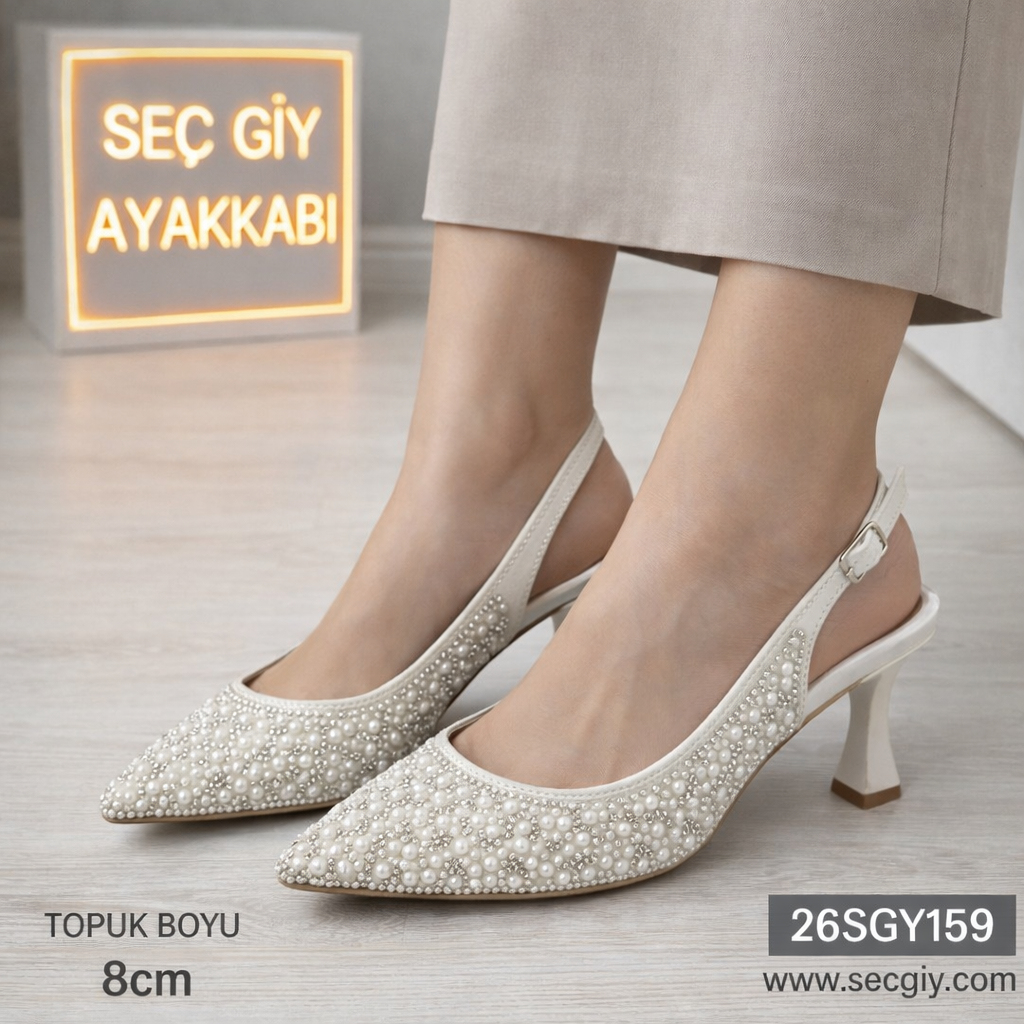 İnci Detaylı Krem Arkası Açık Bayan Ayakkabı – 8 cm Topuklu Sivri Burun Zarif Model