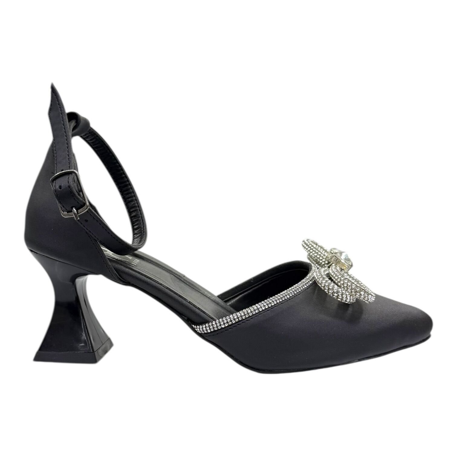 Siyah Saten Kristal Fiyonklu Topuklu