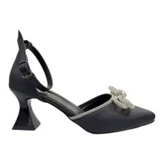 Siyah Saten Kristal Fiyonklu Topuklu