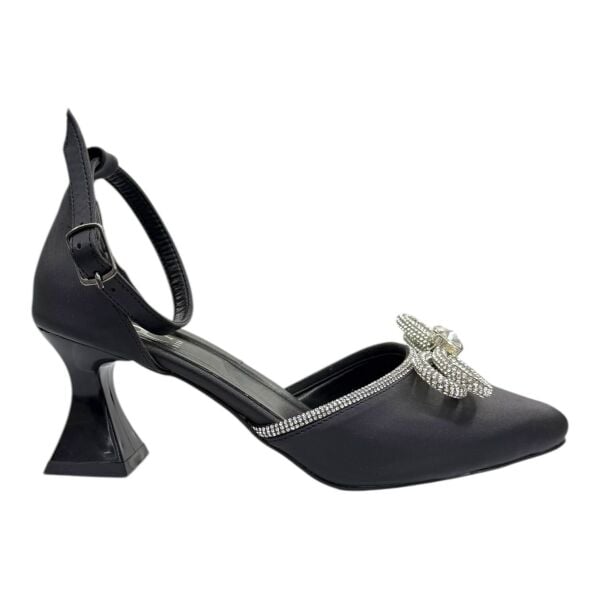 Siyah Saten Kristal Fiyonklu Topuklu