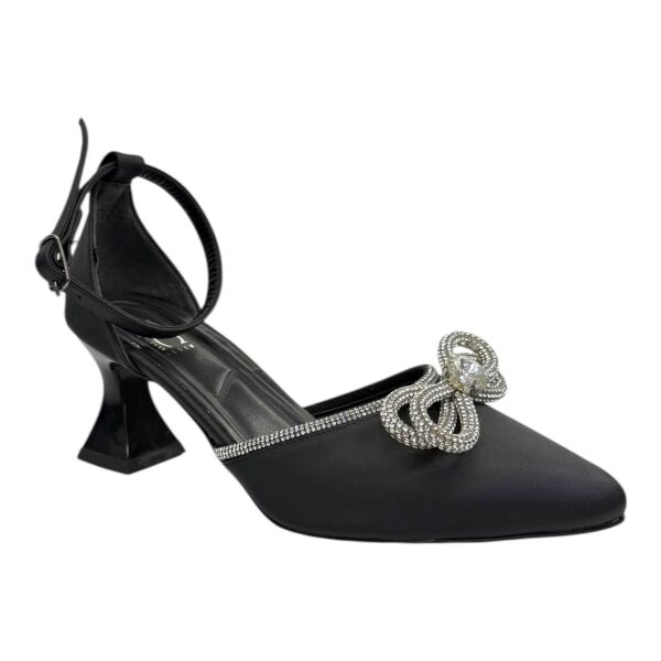 Siyah Saten Kristal Fiyonklu Topuklu