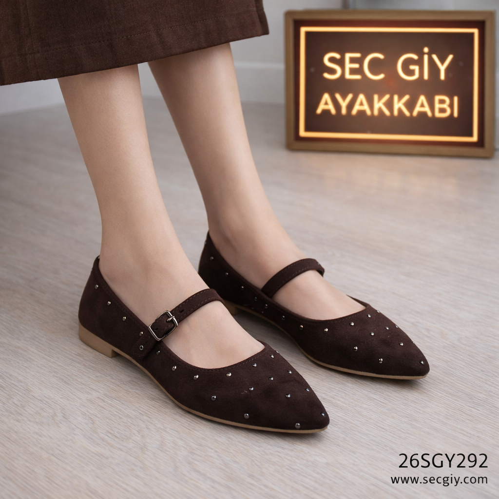 Kahverengi Taş Detaylı Bantlı Kadın Babet – Günlük Şık Mary Jane Model