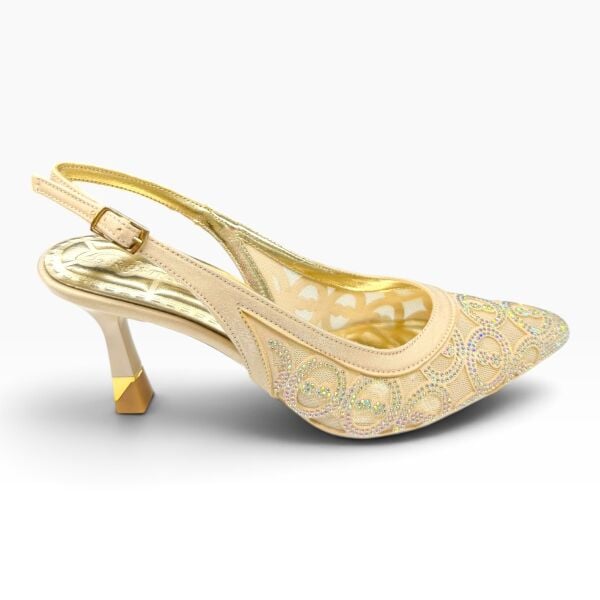 Ekru Taşlı Desenli Sivri Burun Kadın Topuklu Ayakkabı – 7 cm İnce Topuk Slingback