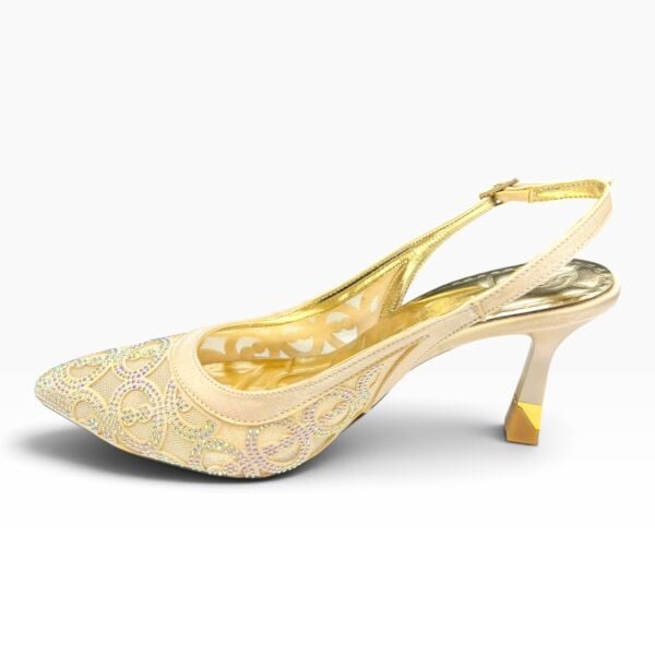 Ekru Taşlı Desenli Sivri Burun Kadın Topuklu Ayakkabı – 7 cm İnce Topuk Slingback