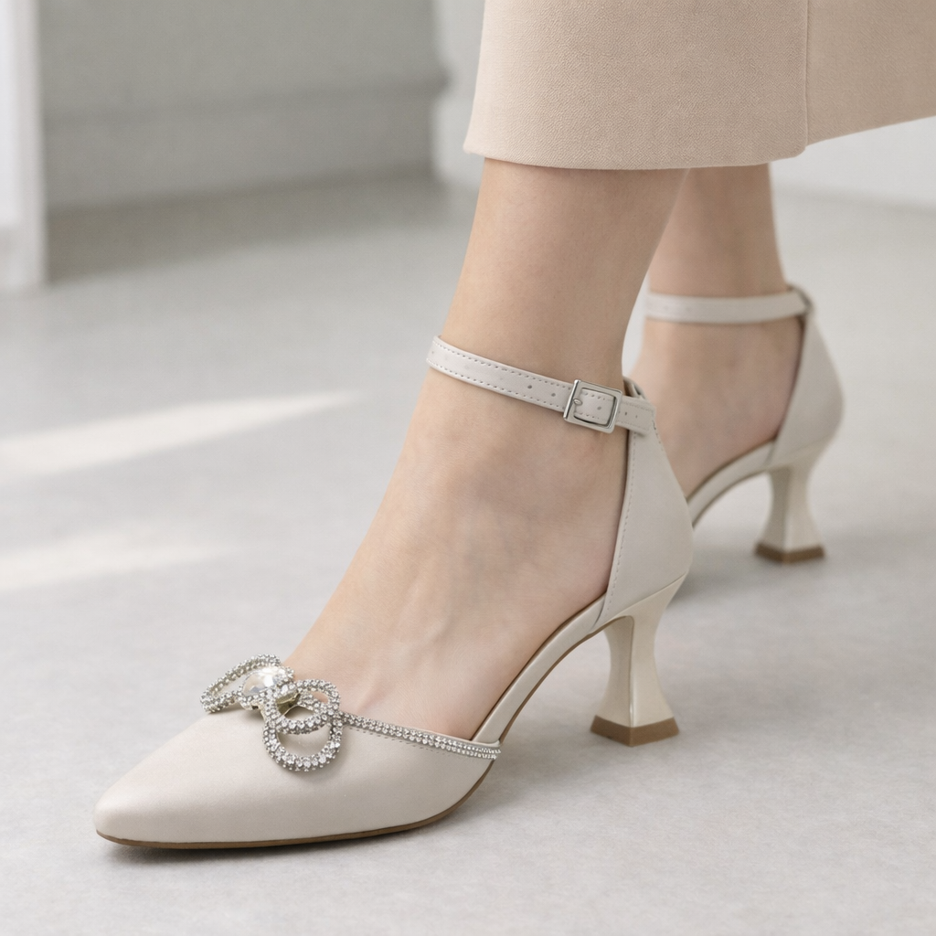 Krem Saten Kristal Fiyonklu Topuklu