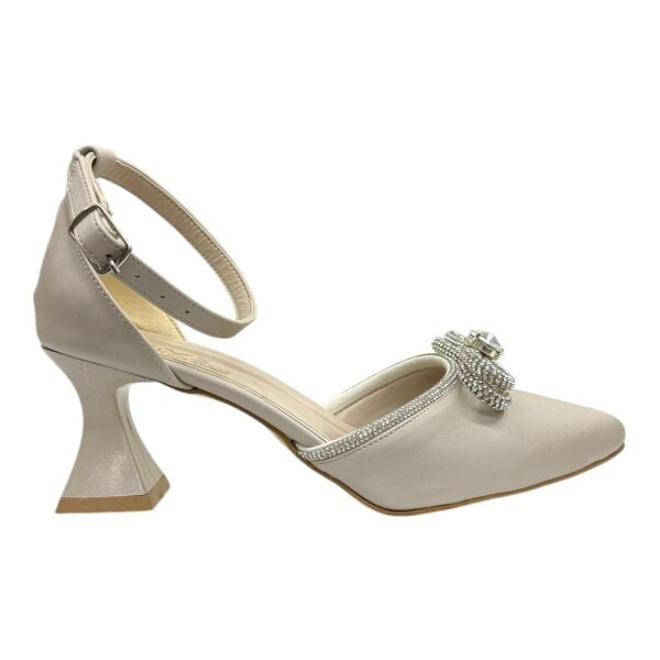 Krem Saten Kristal Fiyonklu Topuklu