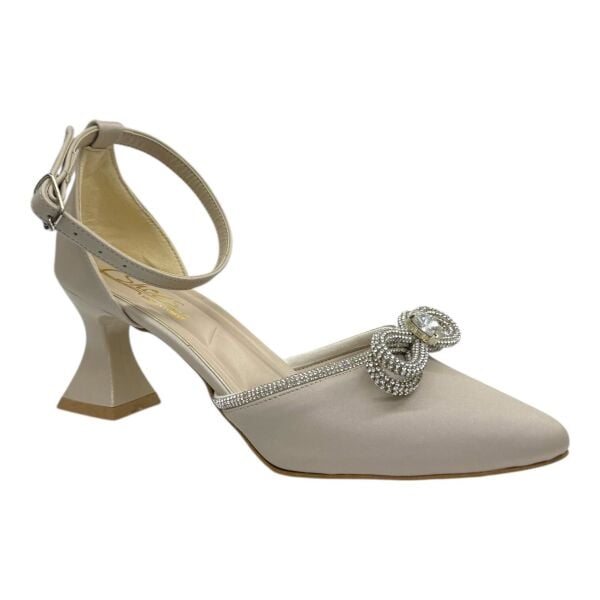 Krem Saten Kristal Fiyonklu Topuklu