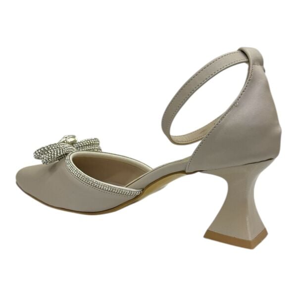 Krem Saten Kristal Fiyonklu Topuklu