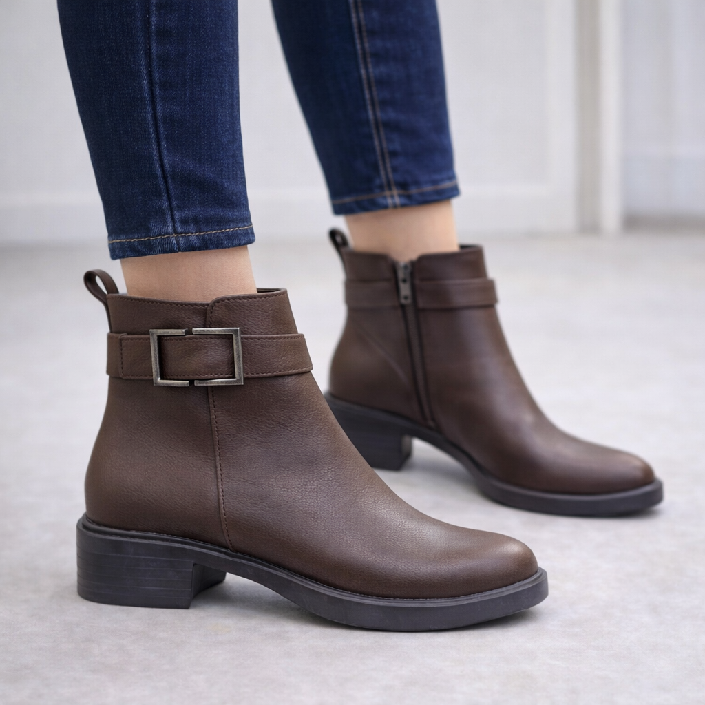 Kahverengi Gümüş Tokalı Alçak Topuklu Bilek Boy Bot, Yuvarlak Burun