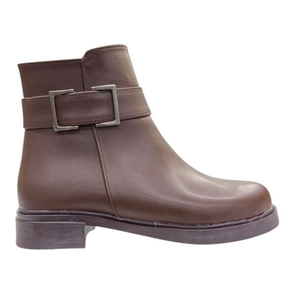 Kahverengi Gümüş Tokalı Alçak Topuklu Bilek Boy Bot, Yuvarlak Burun