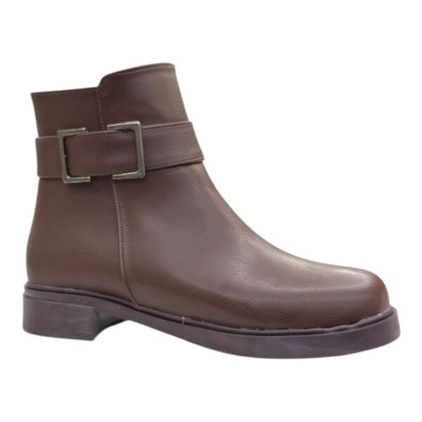 Kahverengi Gümüş Tokalı Alçak Topuklu Bilek Boy Bot, Yuvarlak Burun