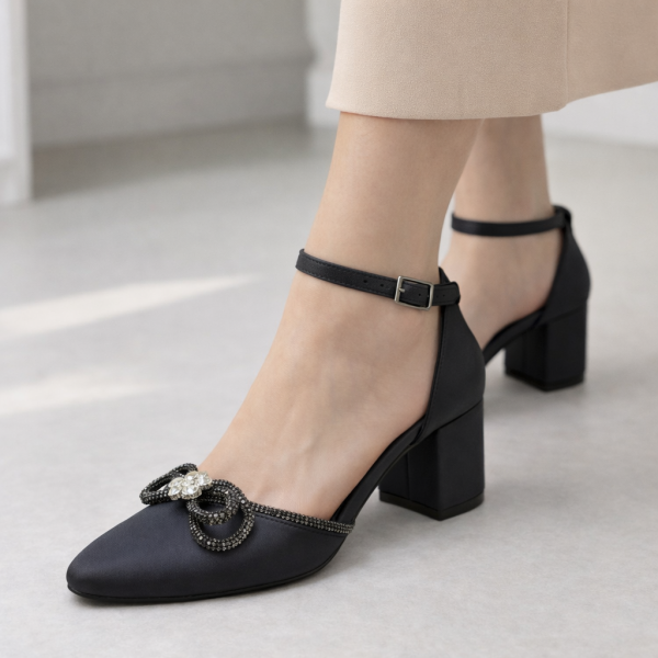 Kristal Süslemeli Siyah Blok Topuklu Abiye Ayakkabı