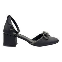 Kristal Süslemeli Siyah Blok Topuklu Abiye Ayakkabı