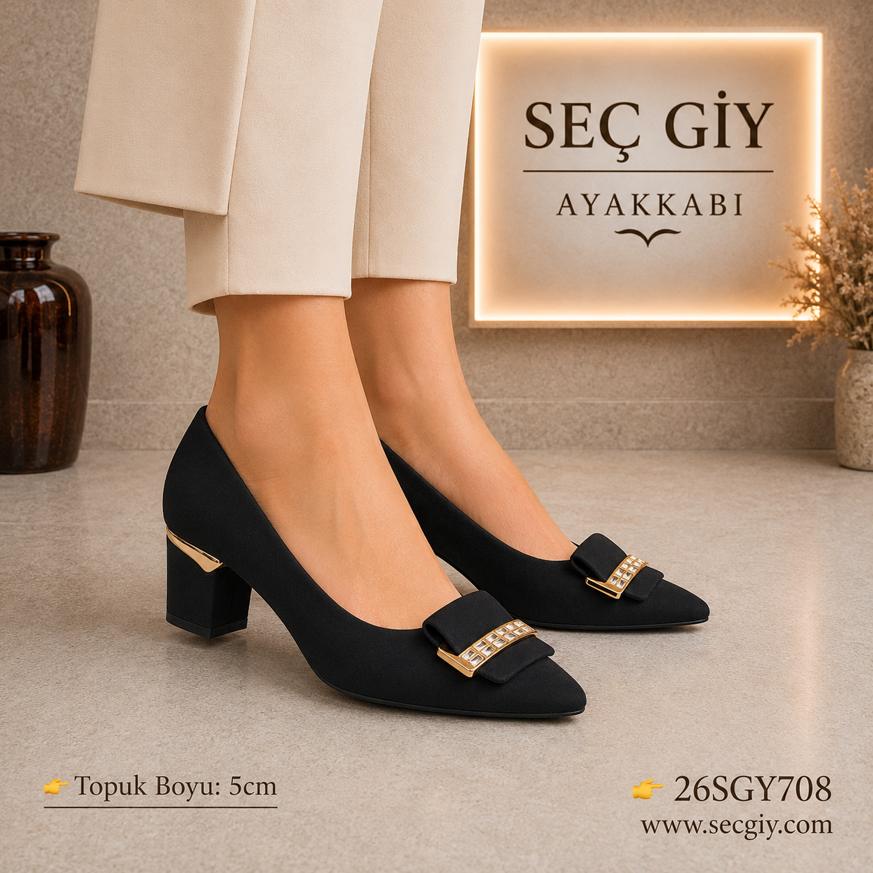 Siyah Taş Tokalı Kadın Topuklu Ayakkabı 5CM