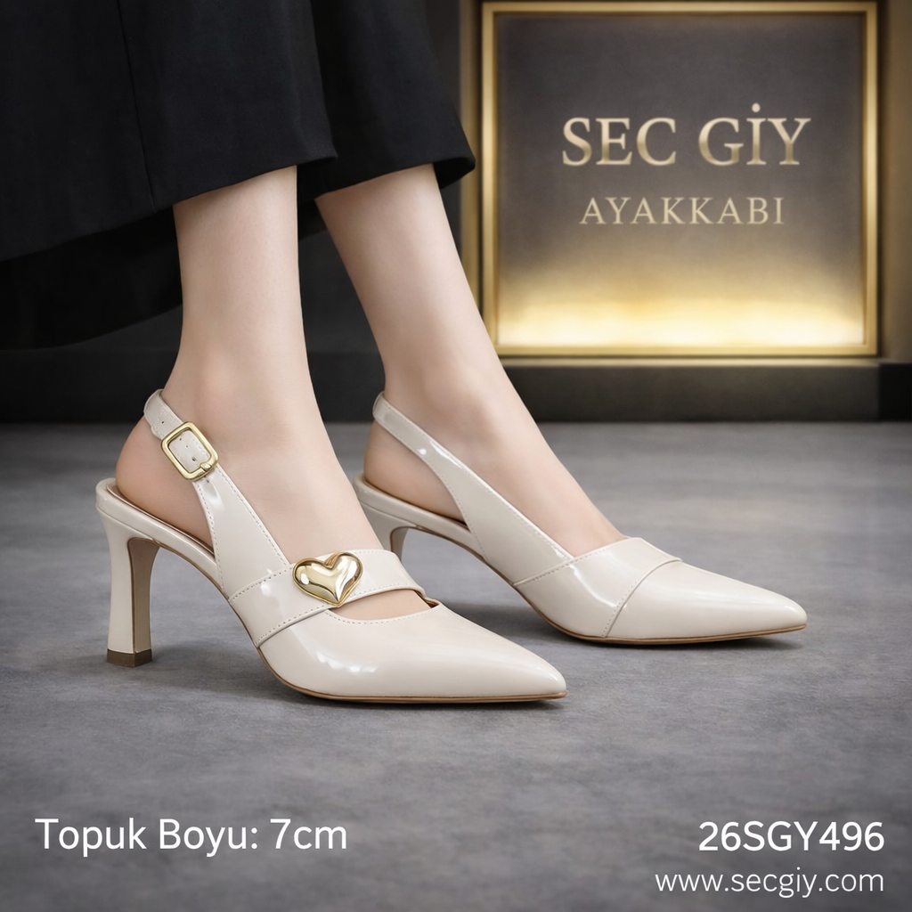Açık Bej Parlak Kalp Aksesuarlı 7 cm İnce Topuklu Kadın Slingback Ayakkabı – Zarif ve Şık Model