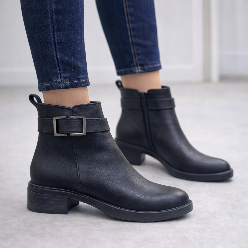 Siyah Gümüş Tokalı Alçak Topuklu Bilek Boy Bot, Yuvarlak Burun