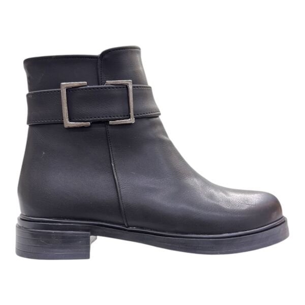 Siyah Gümüş Tokalı Alçak Topuklu Bilek Boy Bot, Yuvarlak Burun