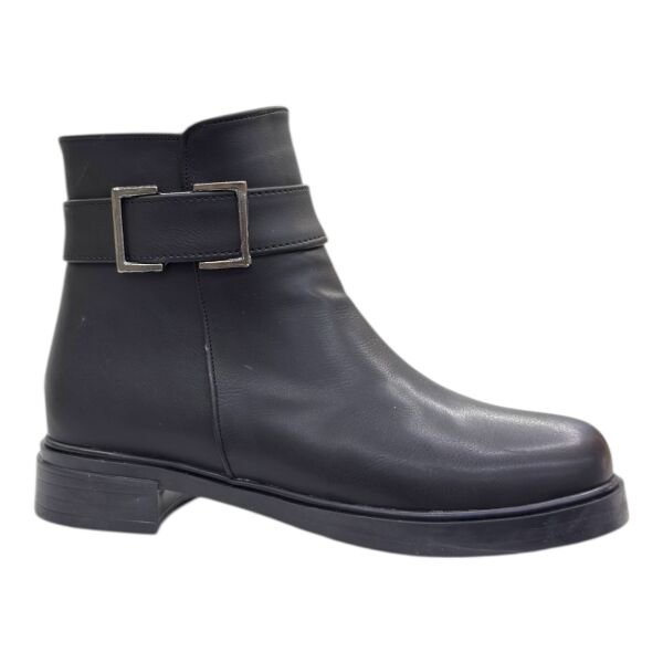 Siyah Gümüş Tokalı Alçak Topuklu Bilek Boy Bot, Yuvarlak Burun