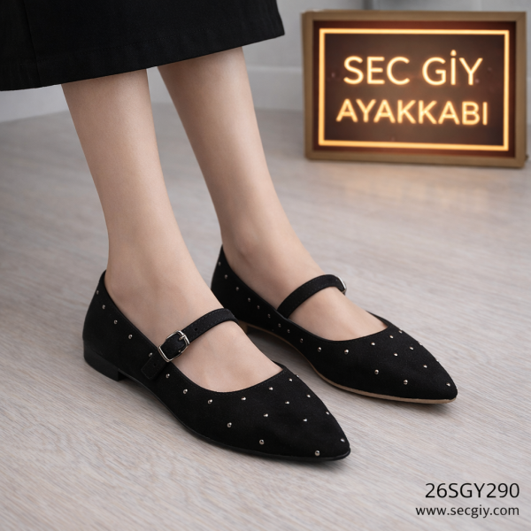 Siyah Süet Görünümlü Taş Detaylı Bantlı Kadın Babet – Mary Jane Model