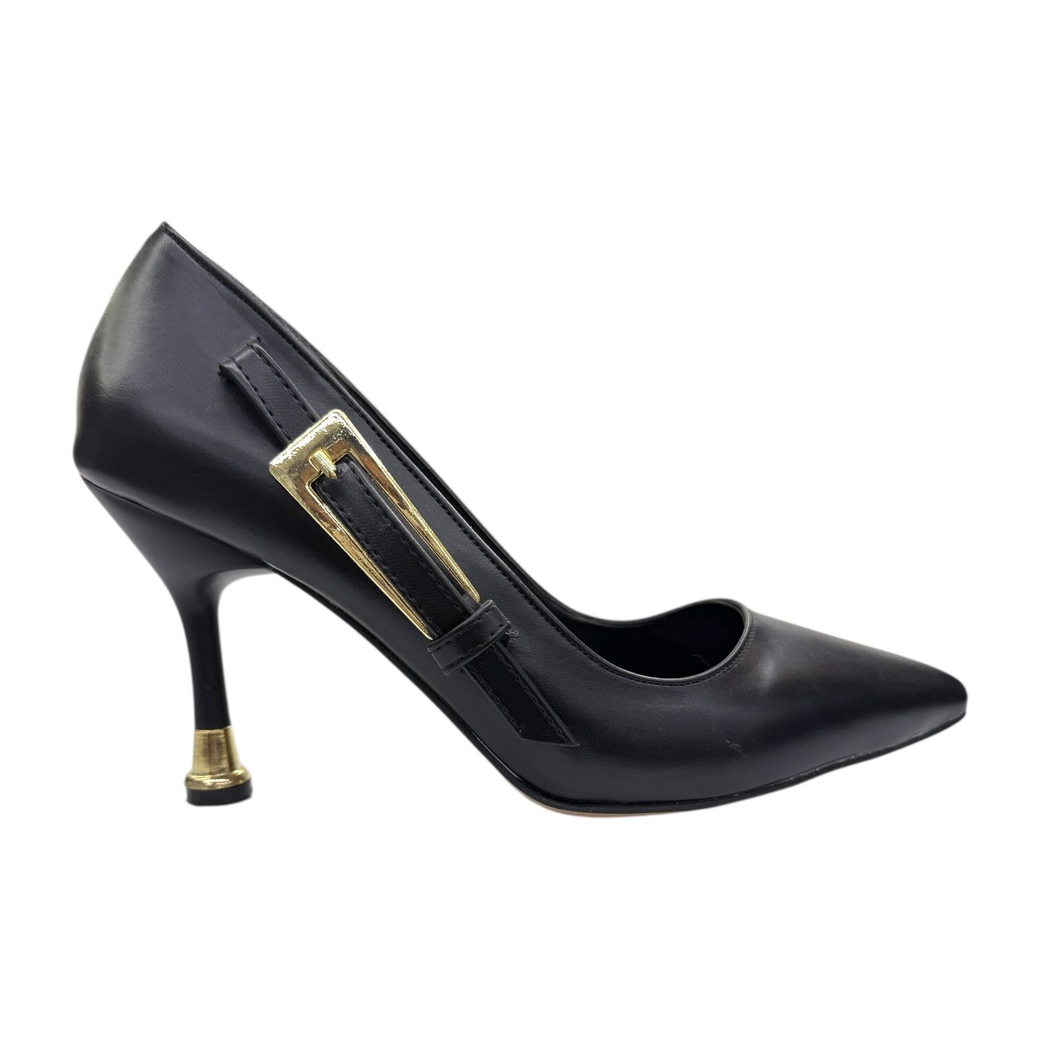 Altın Tokalı Mat Siyah Klasik Topuklu Ayakkabı