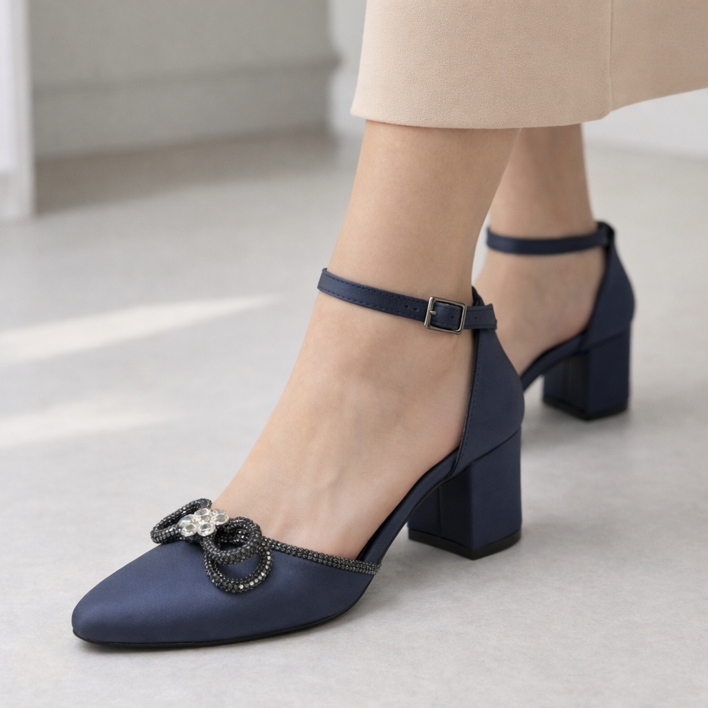 Kristal Süslemeli Lacivert Blok Topuklu Abiye Ayakkabı