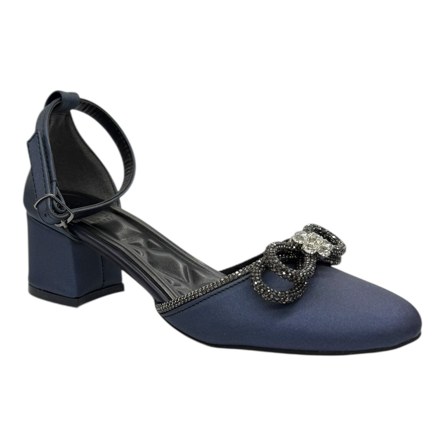 Kristal Süslemeli Lacivert Blok Topuklu Abiye Ayakkabı