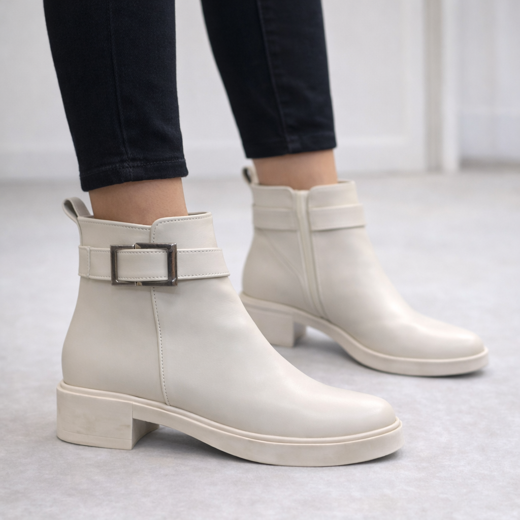 Bej Gümüş Tokalı Alçak Topuklu Bilek Boy Bot, Yuvarlak Burun