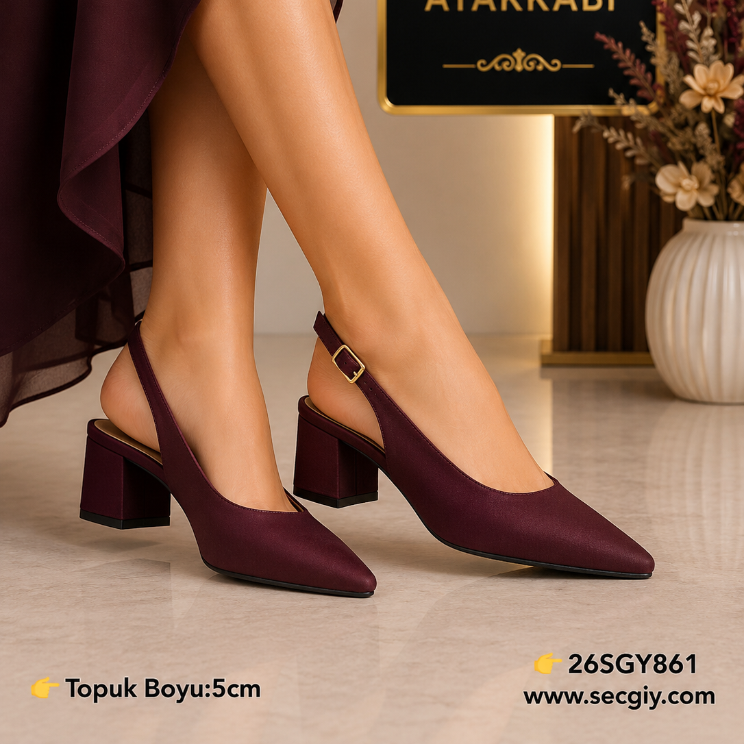 Bordo Kadın Slingback Topuklu Ayakkabı 5 cm Sivri Burun Klasik Şık Model