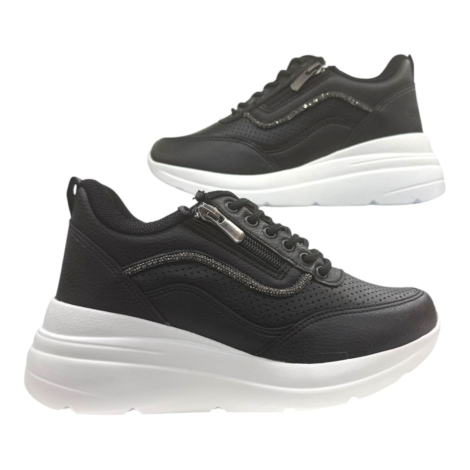 Siyah Spor Ayakkabı Kalın Taban Taş Detaylı