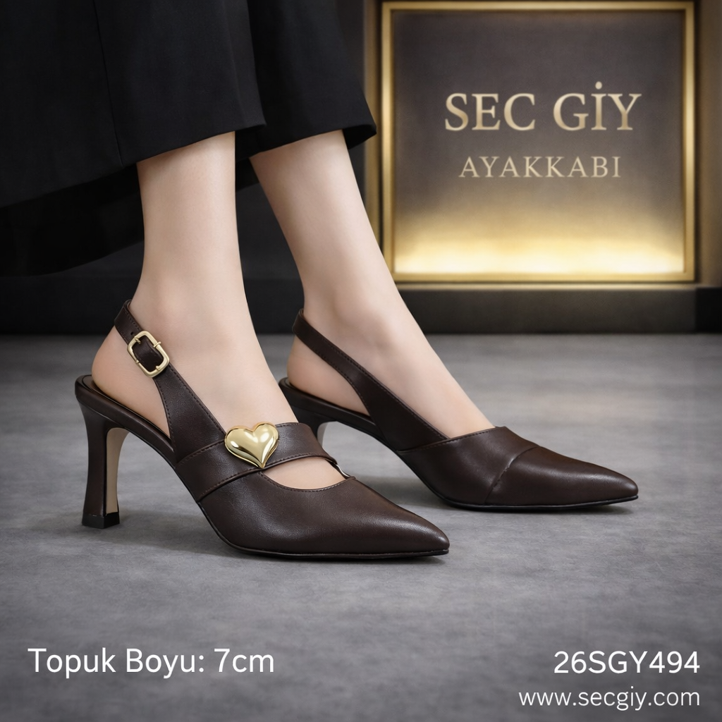 Koyu Kahverengi Kalp Aksesuarlı 7 cm İnce Topuklu Kadın Slingback Ayakkabı – Zarif ve Şık Model