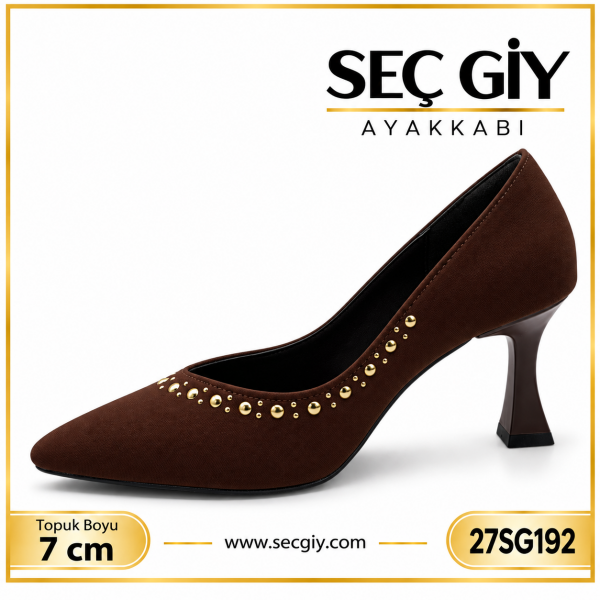 Kadın Acı Kahve Gold Taş Detaylı Sivri Burun Topuklu Ayakkabı – 7 cm Topuk