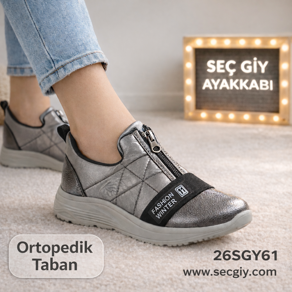 Ortopedik Tabanlı Gri Bayan Spor Ayakkabı – Fermuarlı Günlük Rahat Model