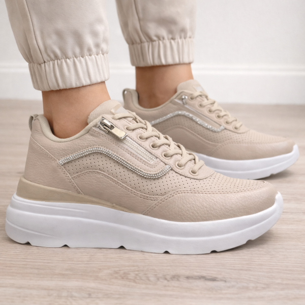 Bej Spor Ayakkabı Kalın Taban Taş Detaylı