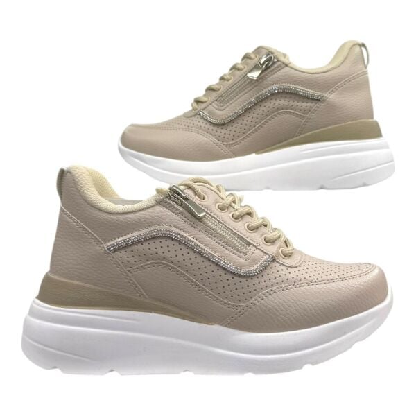 Bej Spor Ayakkabı Kalın Taban Taş Detaylı