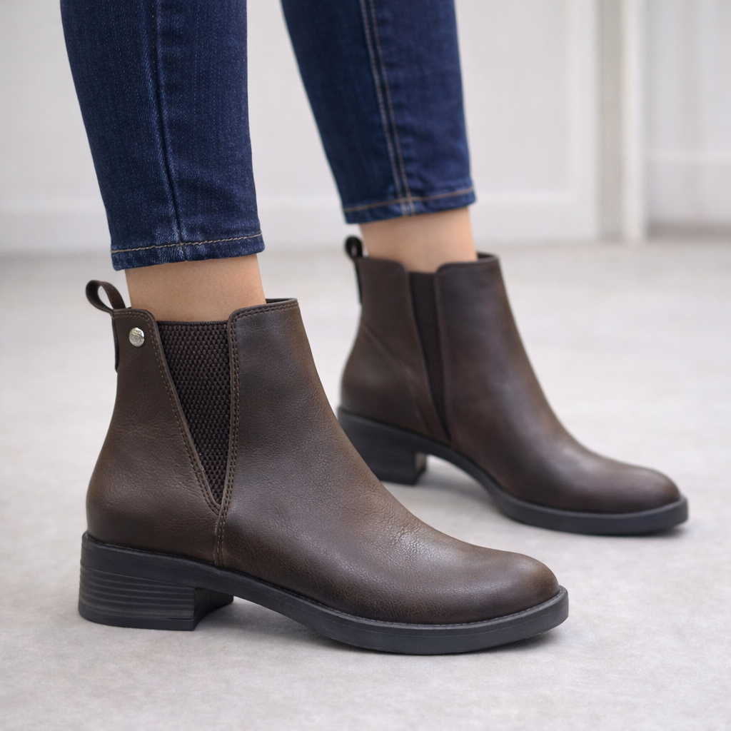 Kahverengi Lastikli Alçak Topuklu Günlük Bilek Boy Bot, Yuvarlak Burun