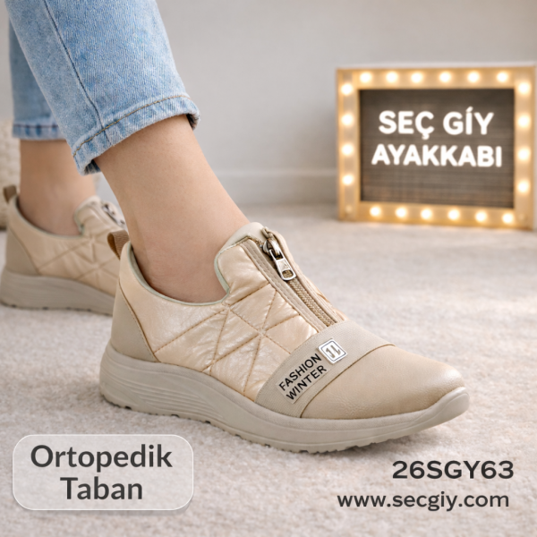 Ortopedik Tabanlı Bej Bayan Spor Ayakkabı – Fermuarlı Günlük Rahat Model