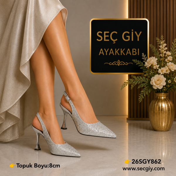 Gümüş Kadın Abiye Topuklu Ayakkabı 8 cm