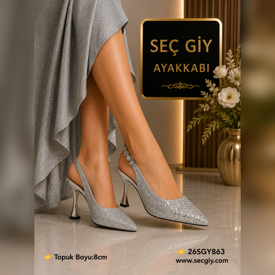 Antrasit Simli Kadın Slingback Topuklu Ayakkabı 8 cm Sivri Burun Abiye Model