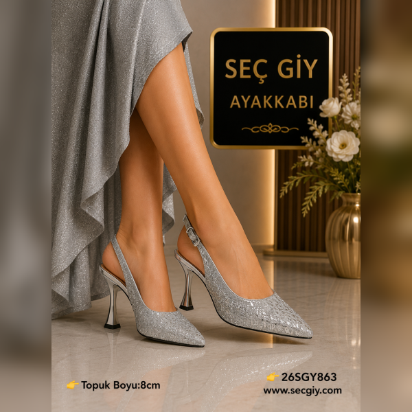 Antrasit Simli Kadın Slingback Topuklu Ayakkabı 8 cm Sivri Burun Abiye Model