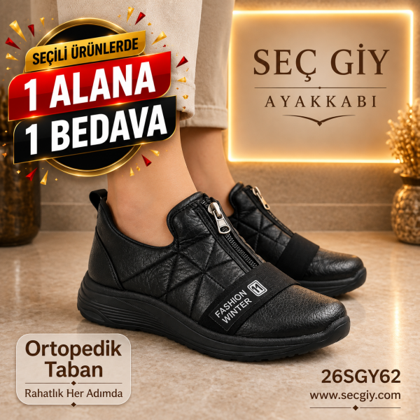 Ortopedik Tabanlı Siyah Bayan Spor Ayakkabı – Fermuarlı Günlük Rahat Model