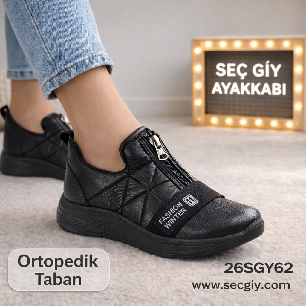 Ortopedik Tabanlı Siyah Bayan Spor Ayakkabı – Fermuarlı Günlük Rahat Model